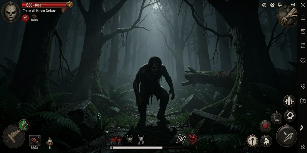 Antarmuka E88 yang menampilkan momen mencekam di dalam hutan.