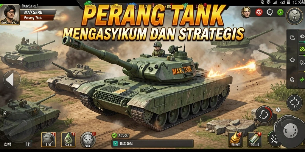 Screenshot game MAXSERU yang menunjukkan pertempuran tank yang seru.