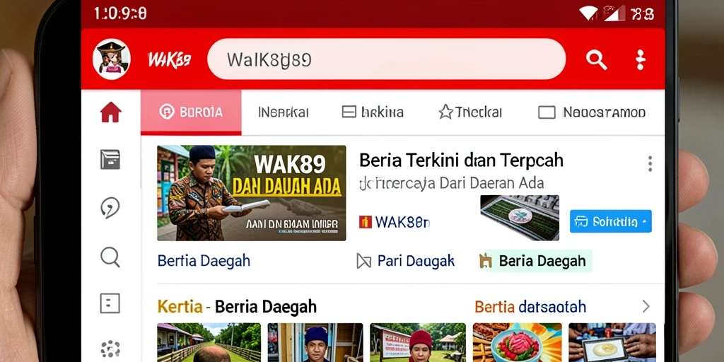 Antarmuka aplikasi WAK89 menampilkan berita terkini dengan desain yang menarik.